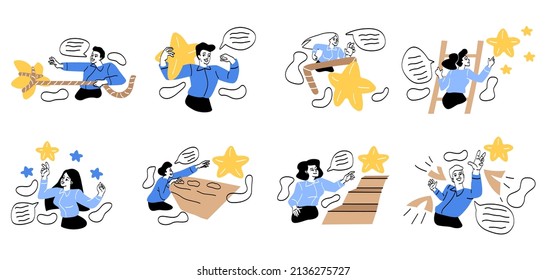 Set of people overcoming obstacles on way to success. Men and women achieve goals and win. Characters climb mountain and catch star. Cartoon flat outline vector collection isolated on white background