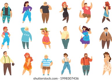 Set of People of Overweight People, Cheerful Plus Size Men and Women, Body Positive Concept Cartoon Vector Illustration