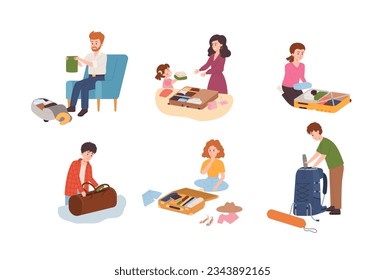 Conjunto de personas empacando maletas, dibujos animados de ilustración vectorial plana aislados en fondo blanco. Hombre y mujer preparándose para vacaciones de verano o viaje. Personajes preparando mochilas y cargamentos.