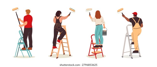 Set of people with paint rollers. Men and women stand on stepladders, painting and decorating walls and drawing wall art. Flat human made vector illustration collection isolated on background