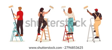 Set of people with paint rollers. Men and women stand on stepladders, painting and decorating walls and drawing wall art. Flat human made vector illustration collection isolated on background