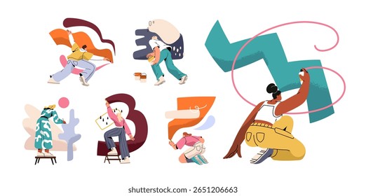 Set of people painting on the wall back view. Talented painters create modern graffiti. Creative artists are drawing pictures of abstract art with paint. Flat isolated vector illustrations on white