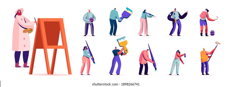 Set of People with Paints and Brush. Male and Female Characters Painting Hobby or Renovation Maintenance. Drawing Classes, Creativity, Service Isolated on White Background. Cartoon Vector Illustration