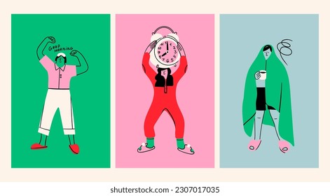 Set of people in pajamas with sleep mask, cup of coffee, blanket and big alarm clock. Cute cartoon characters. Hand drawn Vector illustration. Isolated elements. Morning, waking up concept