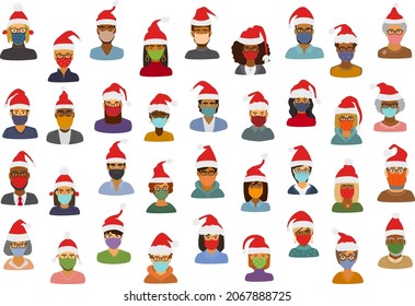 set of people in pandemic protective medical face masks  in santa hats, stay safe celebrating  christmas happy new year business and casual cartoon portraits, isolated vector illustration 