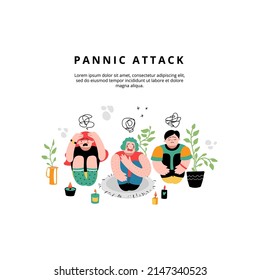 Set of people with panic attack flat concept vector illustration. Frightened man with mental disorder. Schizophrenia, anxiety, thoughts, fear creative idea. 