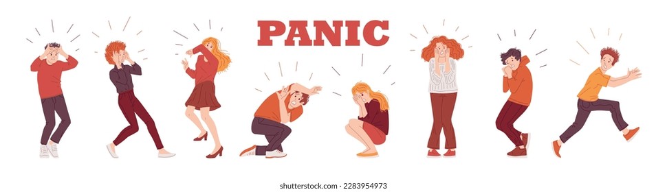 Set of people in panic and fear, flat cartoon vector illustration isolated on white background. Frustrated people with nervous problems or panic attacks.
