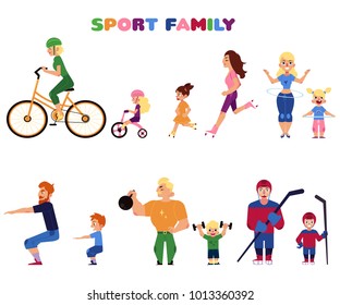 Set of people, parents and kids, doing sport activities together - cycling, running, twirling hula hoop, weightlifting, squatting, playing hockey, vector illustration isolated on white background