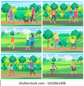 Set of people in park, nature view, man and woman walking outdoor, children activity on bicycle, scooter or skateboard, family weekend, wood vector, weekend in green park