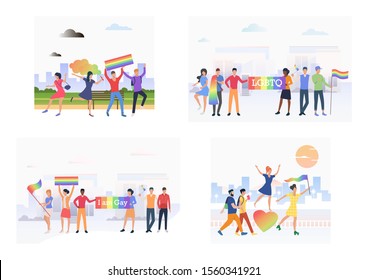 Set of people participating in gay pride parade. Flat vector illustrations of homosexuals with rainbow flags. LGBT concept for banner, website design, landing web page