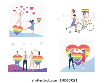 Set of people participating in gay pride parade. Flat vector illustrations of homosexuals with rainbow flags. LGBT concept for banner, website design, landing web page