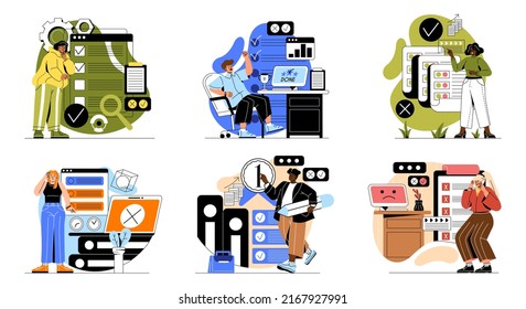 Set of people passing online test. Men and women with computer or laptop answer questions and tick boxes. Students on remote Internet exam. Cartoon flat vector collection isolated on white background