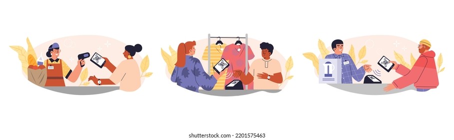 Conjunto de personas pagan por diversos productos con código QR de estilo plano, ilustración vectorial aislada en fondo blanco. Tecnologías modernas, pago sin contacto, tienda