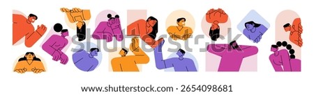 Set of people peeking out. Curious men and women peep outside windows, geometric shapes with curiosity. Happy characters seek, look from behind wall. Flat isolated vector illustrations on white