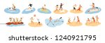 Set of people performing summer sports and leisure outdoor activities at beach, in sea or ocean - playing games, diving, surfing, riding water scooter. Colorful flat cartoon vector illustration.