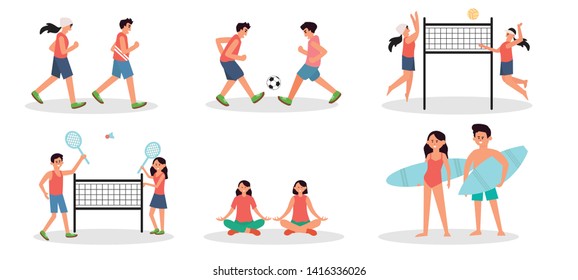 Set of people performing summer sports and leisure outdoor activities at beach, in sea or ocean - couple running, playing ball, volley, yoga, badminton. Colorful flat cartoon vector illustration