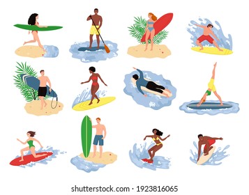 Set of people performing summer sports and leisure outdoor activities at beach. Men and women swimming, diving, surfing.