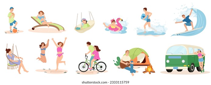 Set of people performing summer sports and leisure outdoor activities at beach in sea or ocean - playing games, camping, surfing, cycling Colorful flat vector illustration isolated on white background