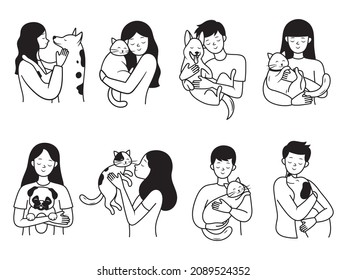 Set of people with a pet. Collection of human with a different animals. Love for your pet. Care for animals. Black and white illustration for a veterinarian.