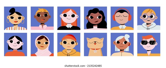 Conjunto de personas y mascotas avatares cuadrado de iconos redondos. Diversos hombres, mujeres, niñas, niños, retratos de gatos. Caracteres masculinos y femeninos con diferente apariencia y etnicidad, ilustración de vector de arte de línea