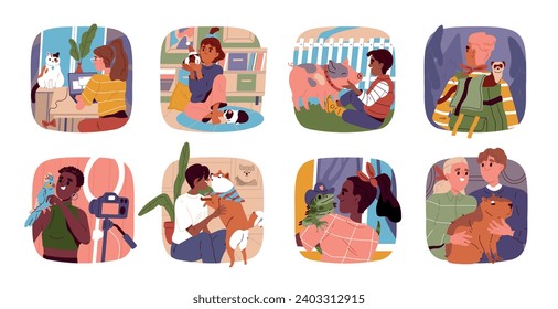 Conjunto de personas con mascotas. Hombres, mujeres y niños felices cuidando a su gato, perro, loro, conejillo de indias y capibara. Propietarios de animales. Colección vectorial plana de dibujos animados aislada en fondo blanco