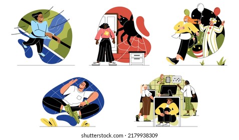 Set Of People With Phobias. Men And Women With Fears And Psychological Problems. Characters Afraid Of Spiders, Heights, Or Responsibility. Cartoon Flat Vector Collection Isolated On White Background