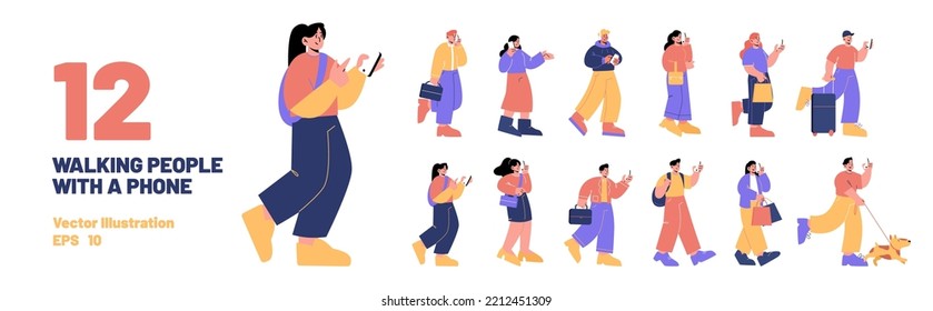 Set of people with phones, male and female characters talking by smartphones, communicate and browsing social networks. Men and women walking and using gadgets on go, Linear flat vector illustration