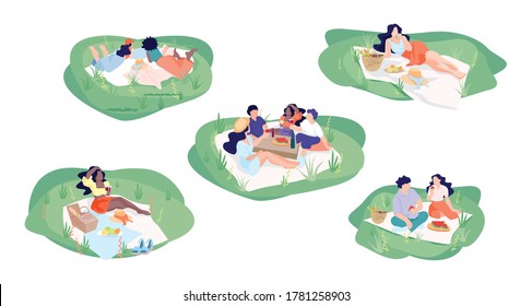 Set of people at a picnic. People performing outdoor leisure activities - friends at picnic. Families and couples having lunch. Flat cartoon vector illustration. Isolated background