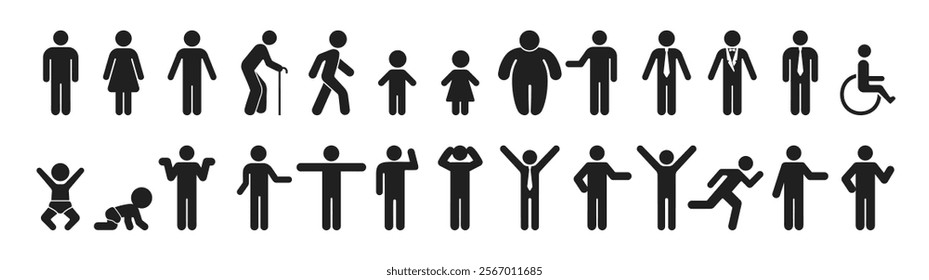 Set people pictogram icons isolated on transparent background. different people silhouettes, man, woman, child, old man, worker, businessman