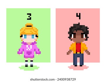 Set of people in pixel art style. Avatars of multiethnic schoolchildren. 8 bit portrait of little boy and girl. Design element for web. Cartoon flat vector collection isolated on white background