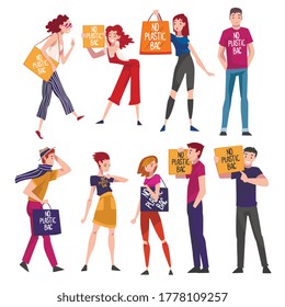 Set of People with Placards and Paper Bags with No Plastic Bag Inscription, Eco Friendly Characters, Zero Waste, Protection of Environment Concept Vector Illustration