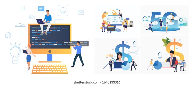 Set of people planning. Flat vector illustrations of businesspeople studying reports, analyzing business strategy. Business or finance concept for banner, website design or landing web page