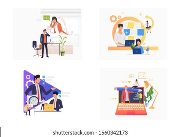 Conjunto de personas que planean trabajar. Ilustraciones vectoriales planas de los trabajadores que crean el programa. Concepto de negocio para banner, diseño de sitio web o página web de inicio