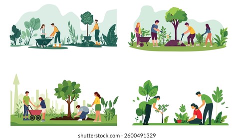 Set people planting trees, green grass, and leaves in flat vector illustrations, People working in a garden or park nature concept design, isolated on a white background