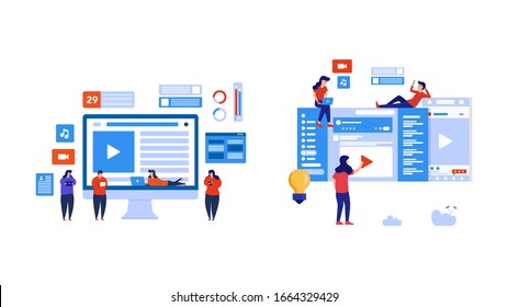 Set of people play social media and watch live streaming. Element design with lifestyle or business concept for website development or social media advertising.