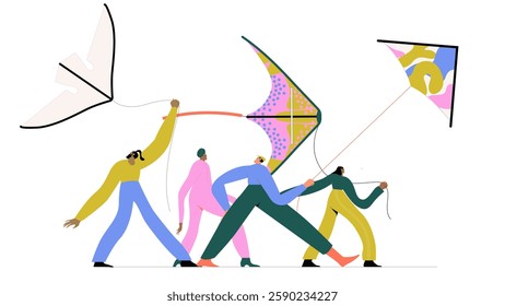 Set of people playing with air kites and fly it to sky. Happy joyful man, woman, running and walking, holding flying wind toy in hands. Flat vector illustration isolated on white background