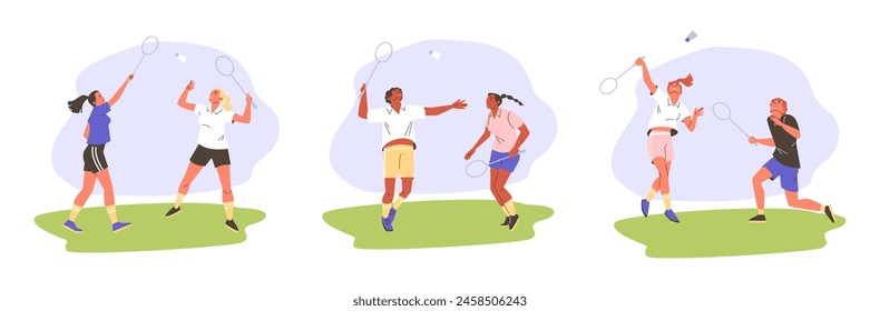 Conjunto de personas jugando al bádminton en el estilo plano del césped, Ilustración vectorial aislada sobre fondo blanco. Elementos de diseño decorativos colección, actividad y deporte, ocio al aire libre