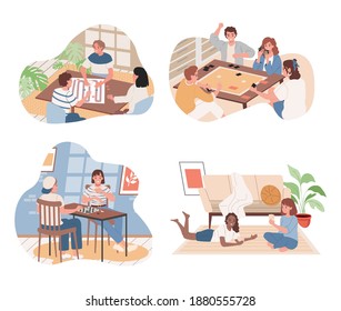 Set of people playing board games. Friends, men and women playing table games indoor in living room. People play with cards, dices, desktop field and pawns. Home entertainment for adults and children.