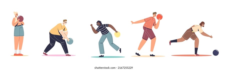 Set of people playing bowling. Men and women play bowling game in the club throwing balls. Active entertainment, sport and leisure hobby concept. Cartoon flat vector illustration