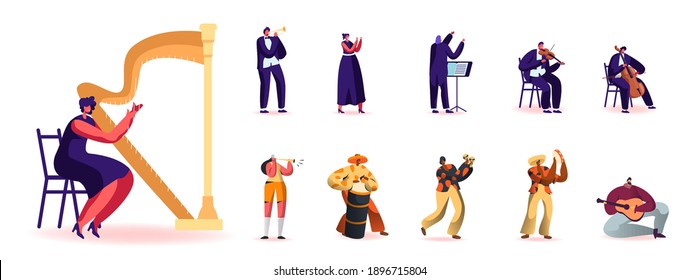 Set of People Playing Different Musical Instruments. Male and Female Characters with Harp, Trumpet and Flute, Maracas, Drum or Tambourine Isolated on White Background. Cartoon Vector Illustration