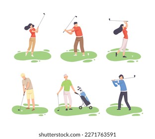 Set of people playing golf. Male and female golfers hitting ball with clubs on course. Outdoor sports or leisure activity flat vector illustration