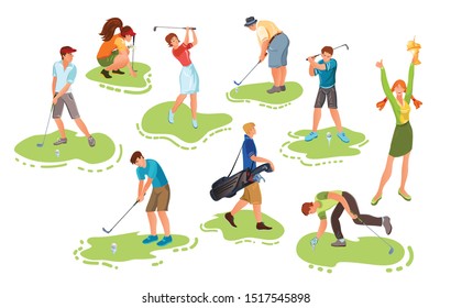 Set of people playing golf on grass vector illustration