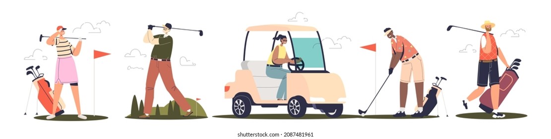 Set of people playing golf, riding electric car, holding golf clubs and hitting balls. Professional sport, activity and equipment concept. Cartoon flat vector illustration