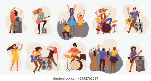 Set of people playing and listening rock music and dancing on concerts isolated flat vector illustration