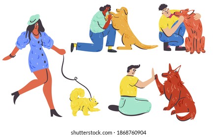 Set of people playing with lovely dogs cartoon illustration. Cute collection domestic animal friend hand drawn doodle banner designs. Veterinary concept art.