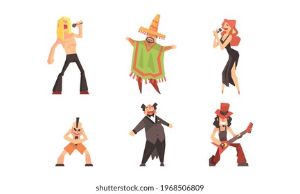 Set of People Playing Music and Singing in Different Genres and Styles Cartoon Vector Illustration