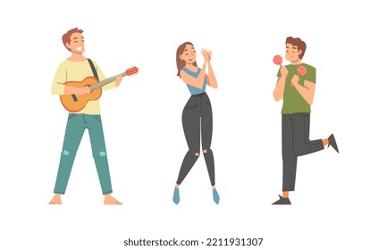 Set of people playing musical instruments, singing and dancing. Man playing guitar and shaking maracas cartoon vector illustration