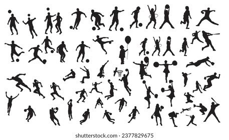 A set of people playing several sports. A silhouette art of players playing football, baseball, basketball and other sports.