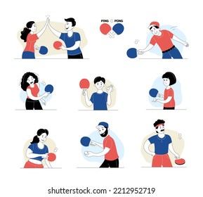 Set of people playing table tennis with racket and ball. Ping pong players in blue and red sports outfit. Healthy lifestyle, hobby, sports activity cartoon thin line vector illustration