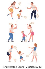 Gente jugando al tenis. Niños jugando juegos deportivos con raquetas y dibujos animados de bola ilustraciones vectoriales